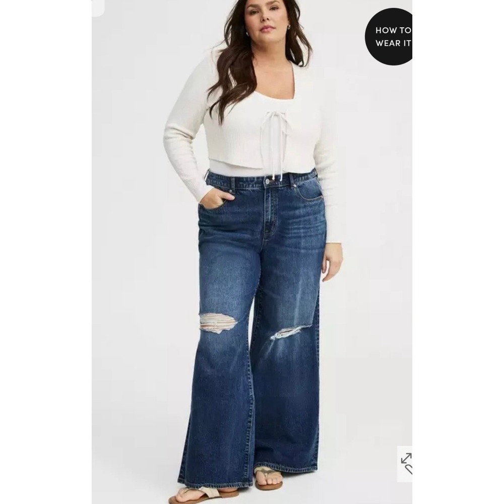 Torrid Perfect Wide Leg Vintage Stretch Distressed Jeans Dark Wash 18 Plus Size
